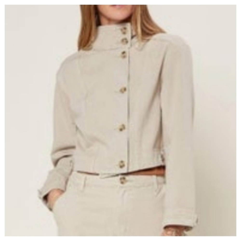 Anthropologie Current Air Crop Jacket Cream Denim Button Moto Size 2X